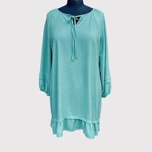 VISION‎ Ruffled SeaFoam Green Dress Women's 1X Long Sleeves Peasant 70's-Style